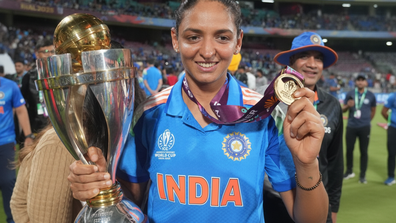 Harmanpreet Kaur smiles while holding the Women's Cricket World Cup trophy and displaying a medal.