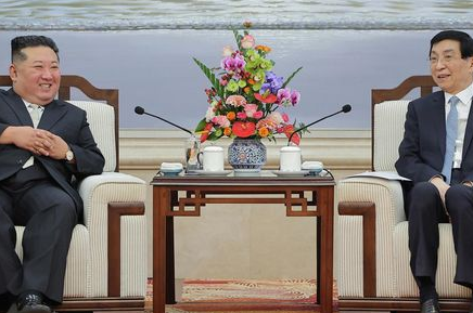 Kim Jong-un and Wang Huning sit in armchairs, with flowers on a table between them.