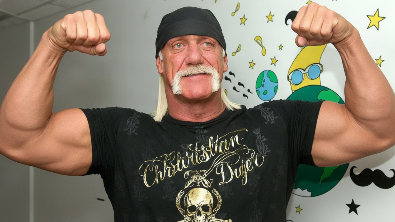 Hulk Hogan poses with both arms raised and fists clenched.