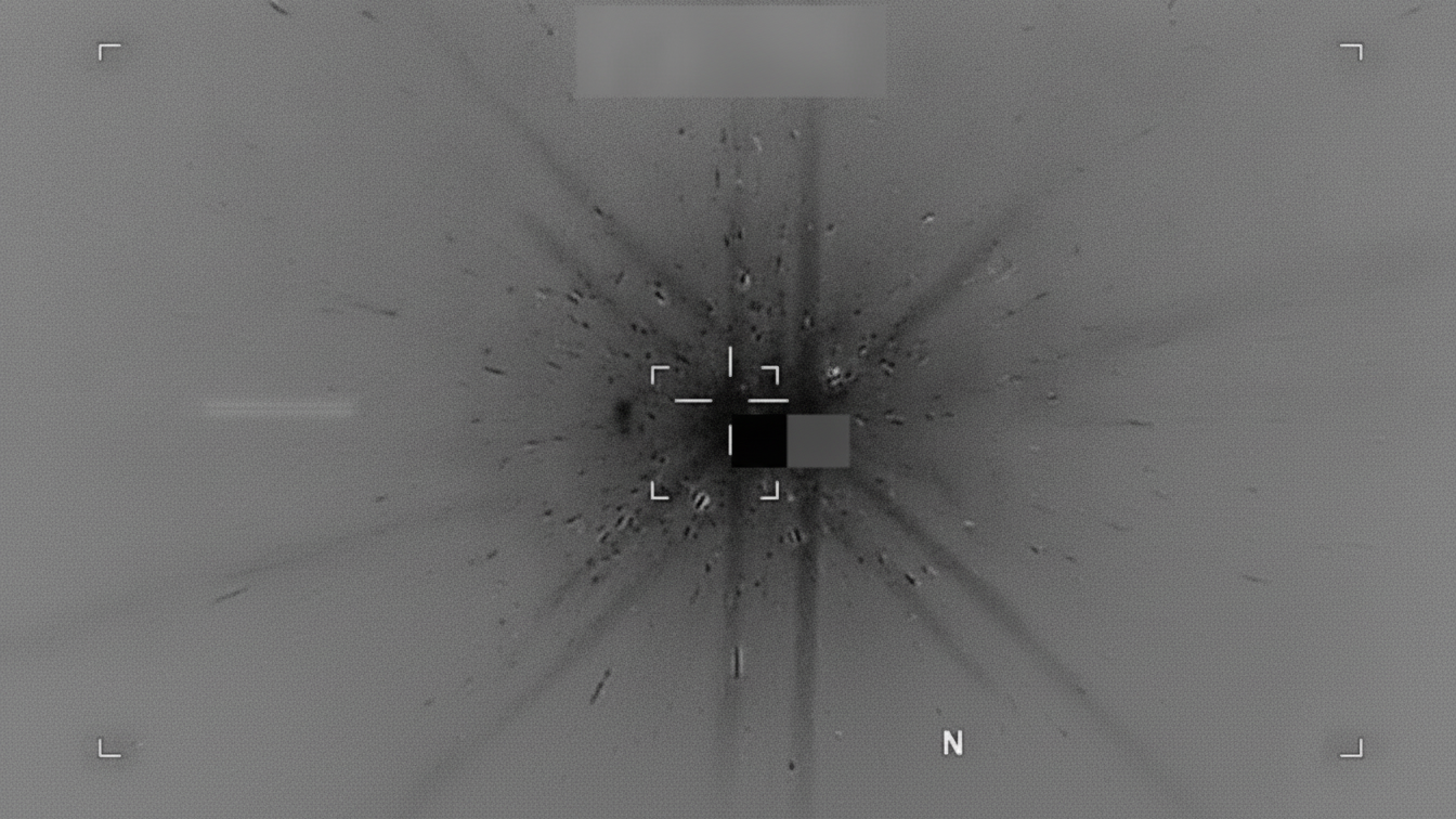 A grayscale aerial surveillance image shows a burst and debris spreading outward.