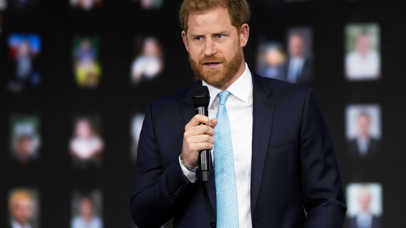 Prince Harry, the Duke of Sussex, holds a microphone.