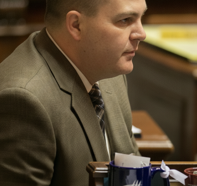 John Braun seated at a desk in the Washington State Senate chamber