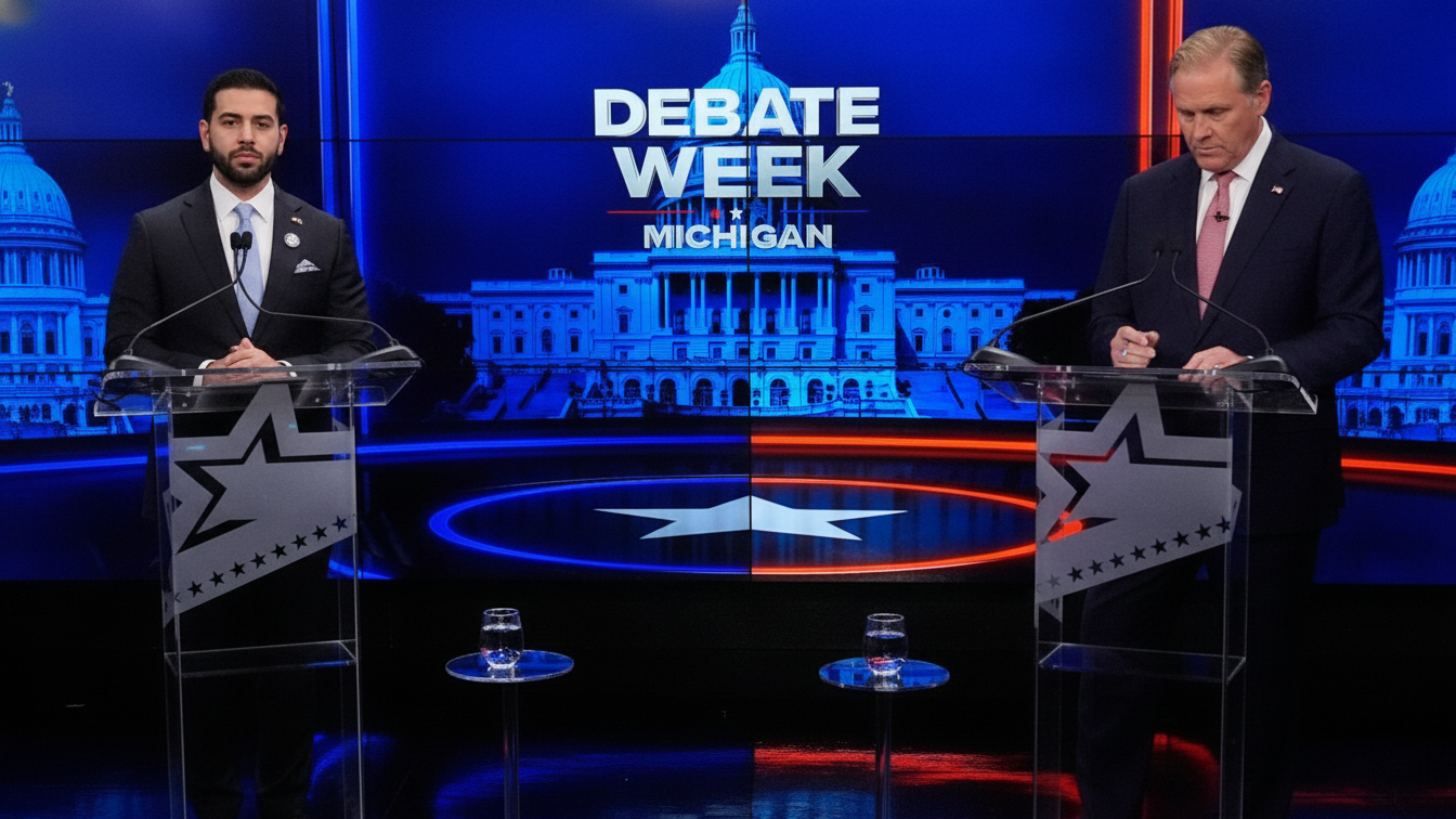 El-Sayed and Rogers stand at separate lecterns during a Michigan Senate debate.