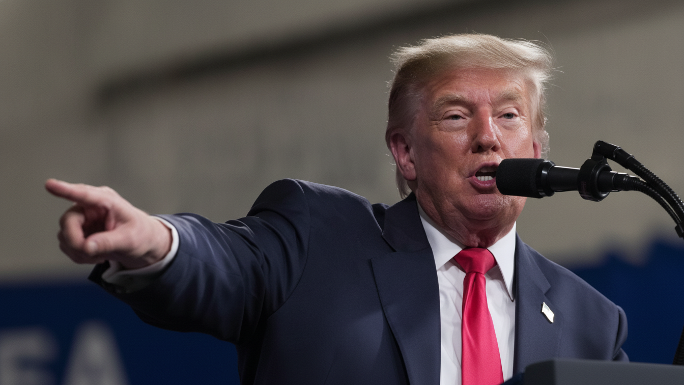 Donald Trump pointing while speaking into a microphone.