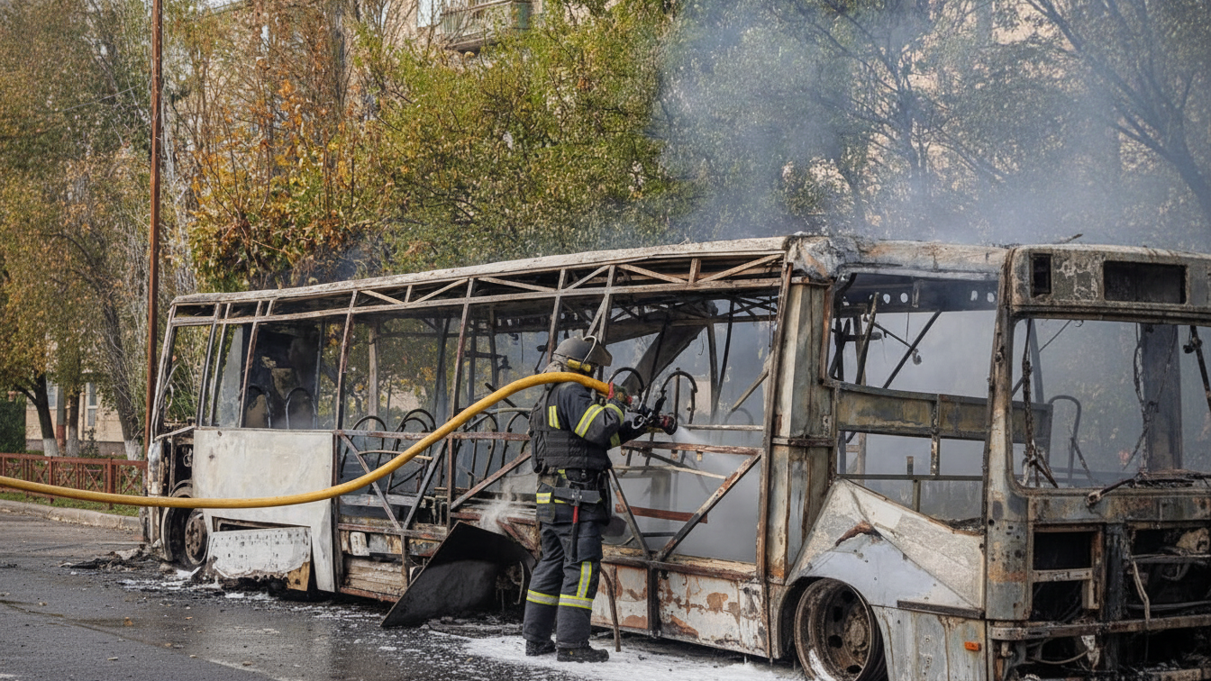 A firefighter holding a hose beside a burned-out bus.