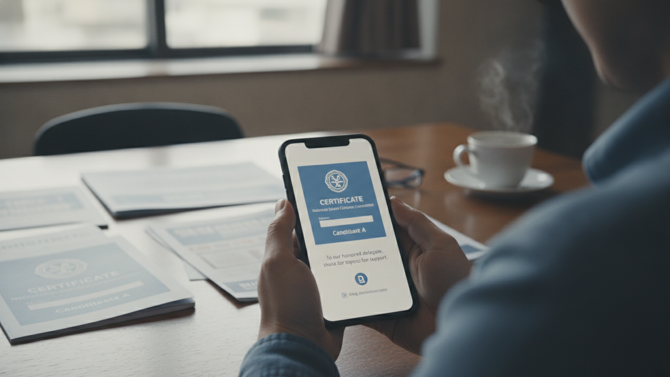 Illustrative topic photo showing hands holding a smartphone displaying an appointment-style certificate, with documents on a table