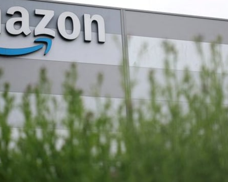 Partially cropped Amazon lettering and smile sign on a building, with vegetation in the foreground.