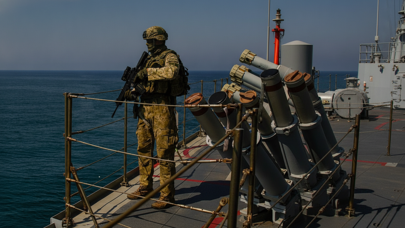 A Turkish army soldier holds a rifle while standing guard on a ship's deck.