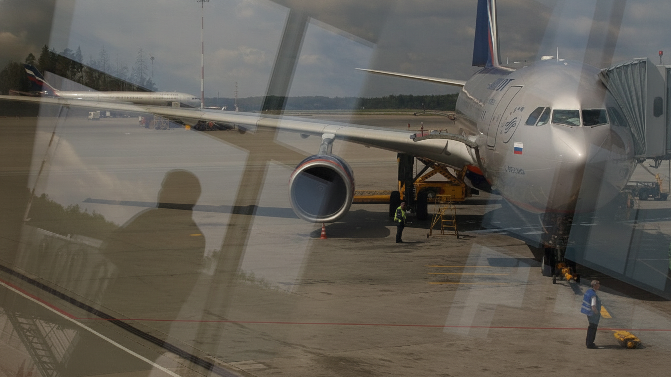 An Aeroflot passenger plane parked beside a boarding bridge, seen through a terminal window.