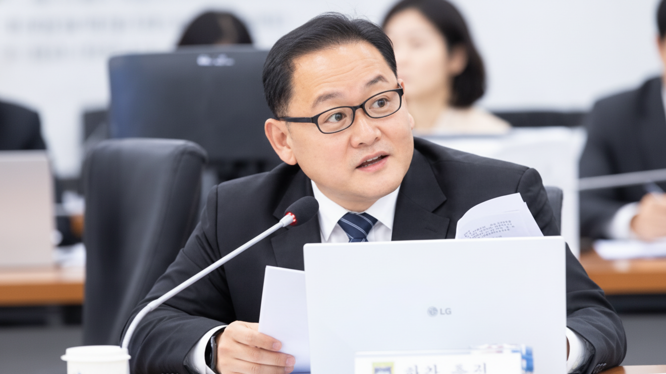 서류를 들고 마이크 앞에서 발언하는 이군수 성남시의회 의원