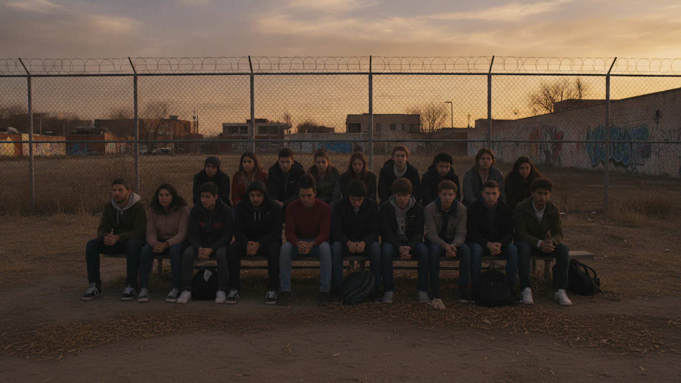 Generated illustrative photo depicting young people sitting together on outdoor benches