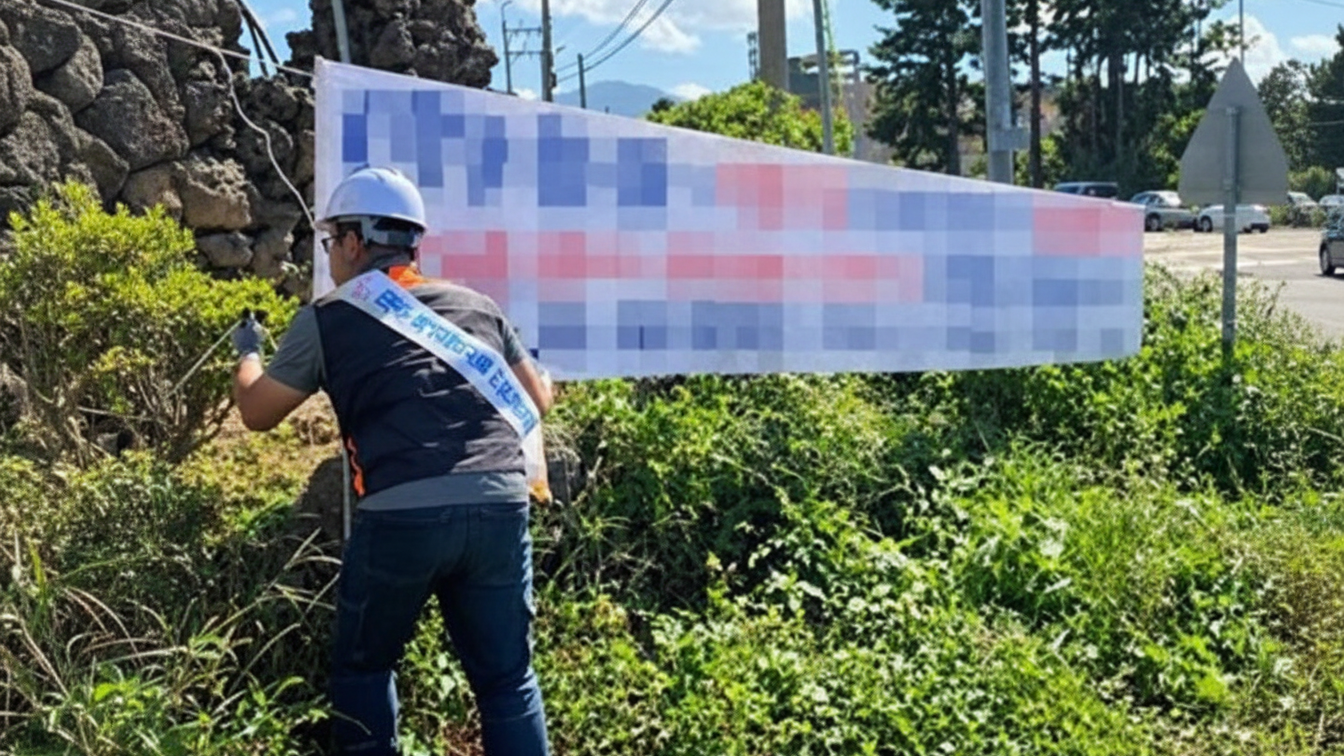 안전모를 쓴 작업자가 도로변 현수막의 고정 부위를 정비하고 있다.