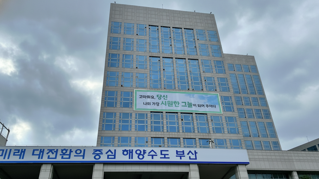 시정 슬로건이 걸린 부산시청 외관