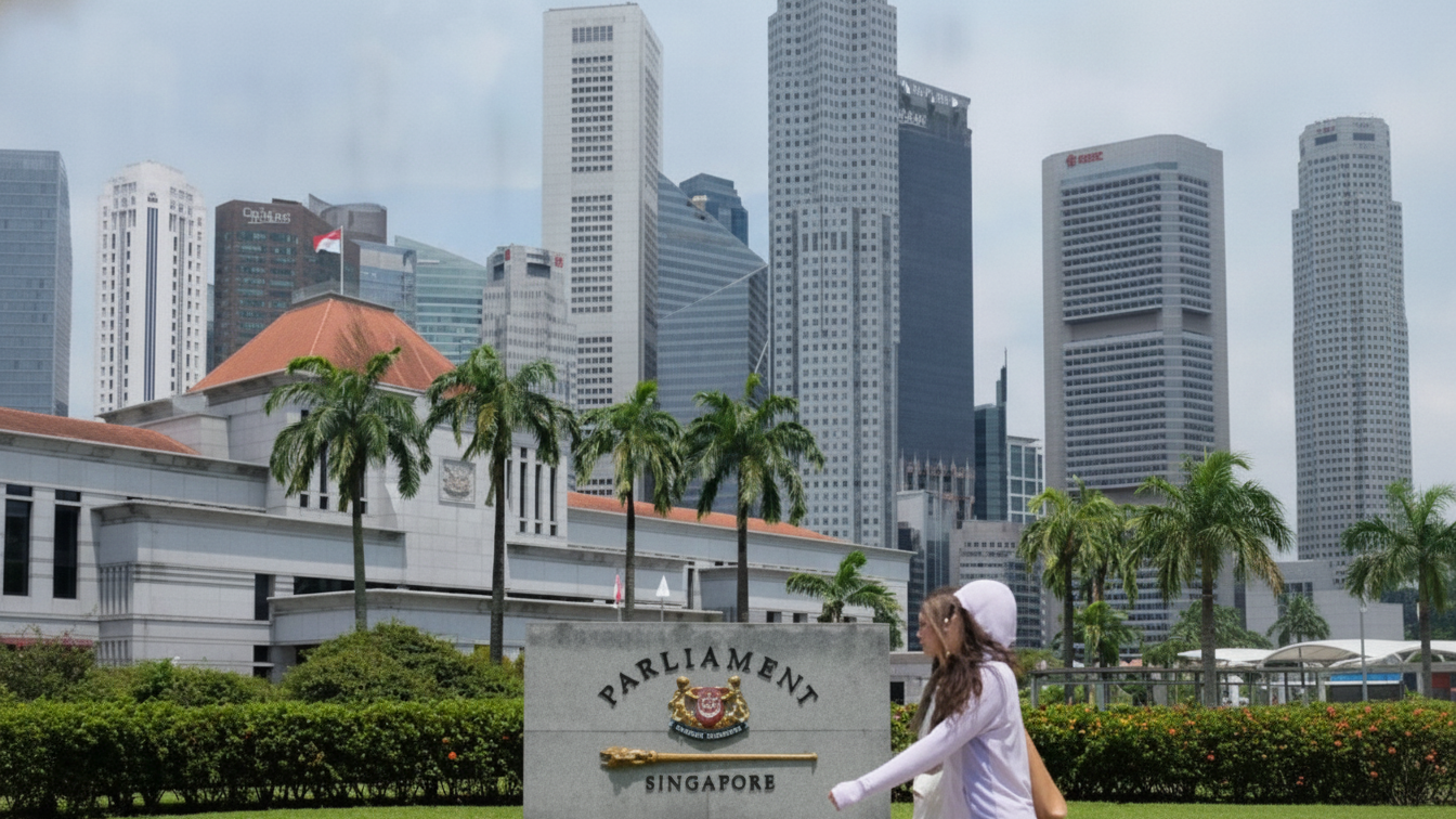 Pedestrians walk past Singapore's Parliament building and sign.