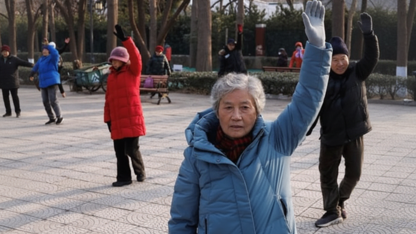 베이징의 공원에서 노인들이 팔을 들어 올리며 춤을 추고 있다.