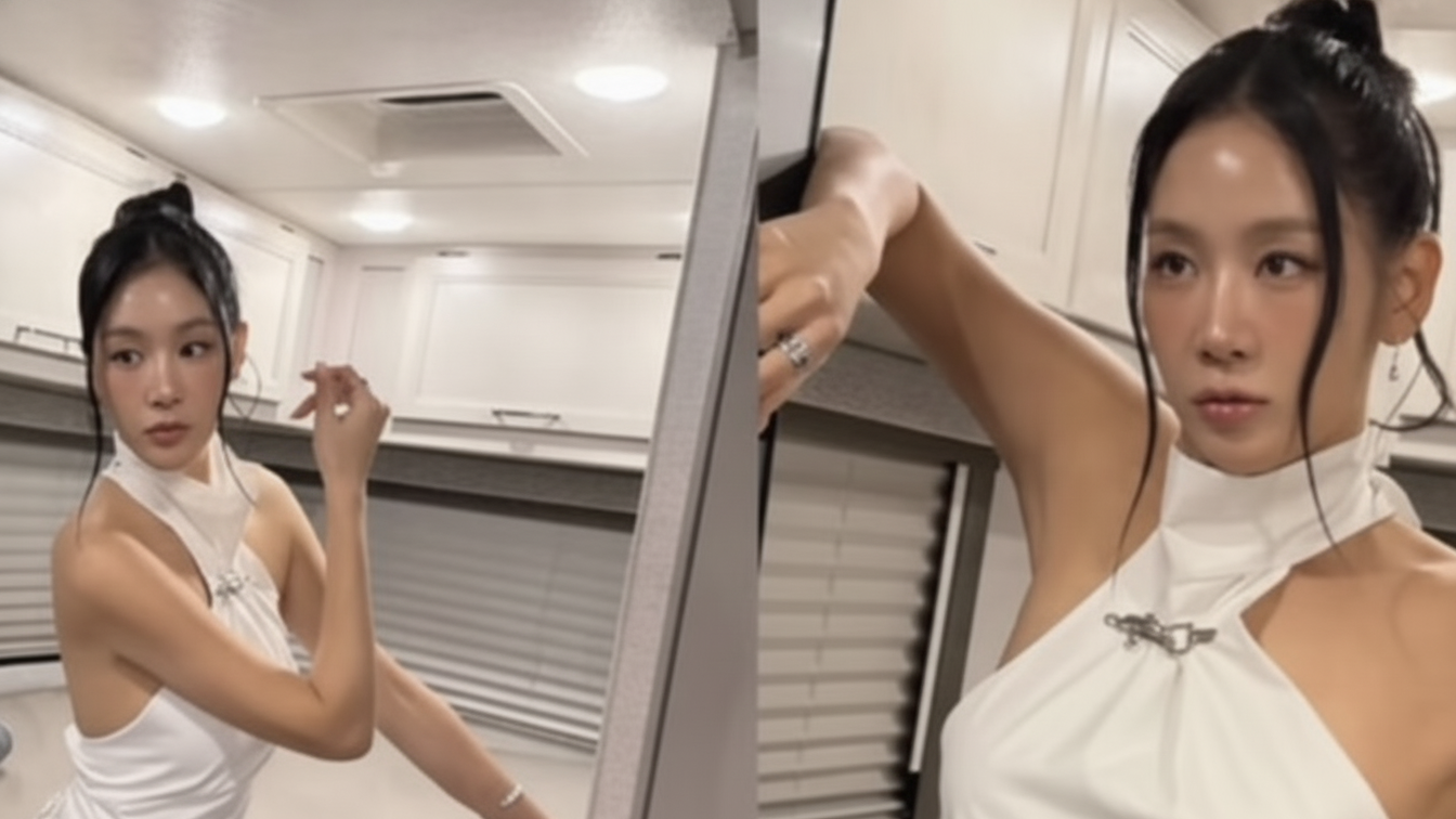 실내에서 포즈를 취하는 가수 소유의 사진 두 장