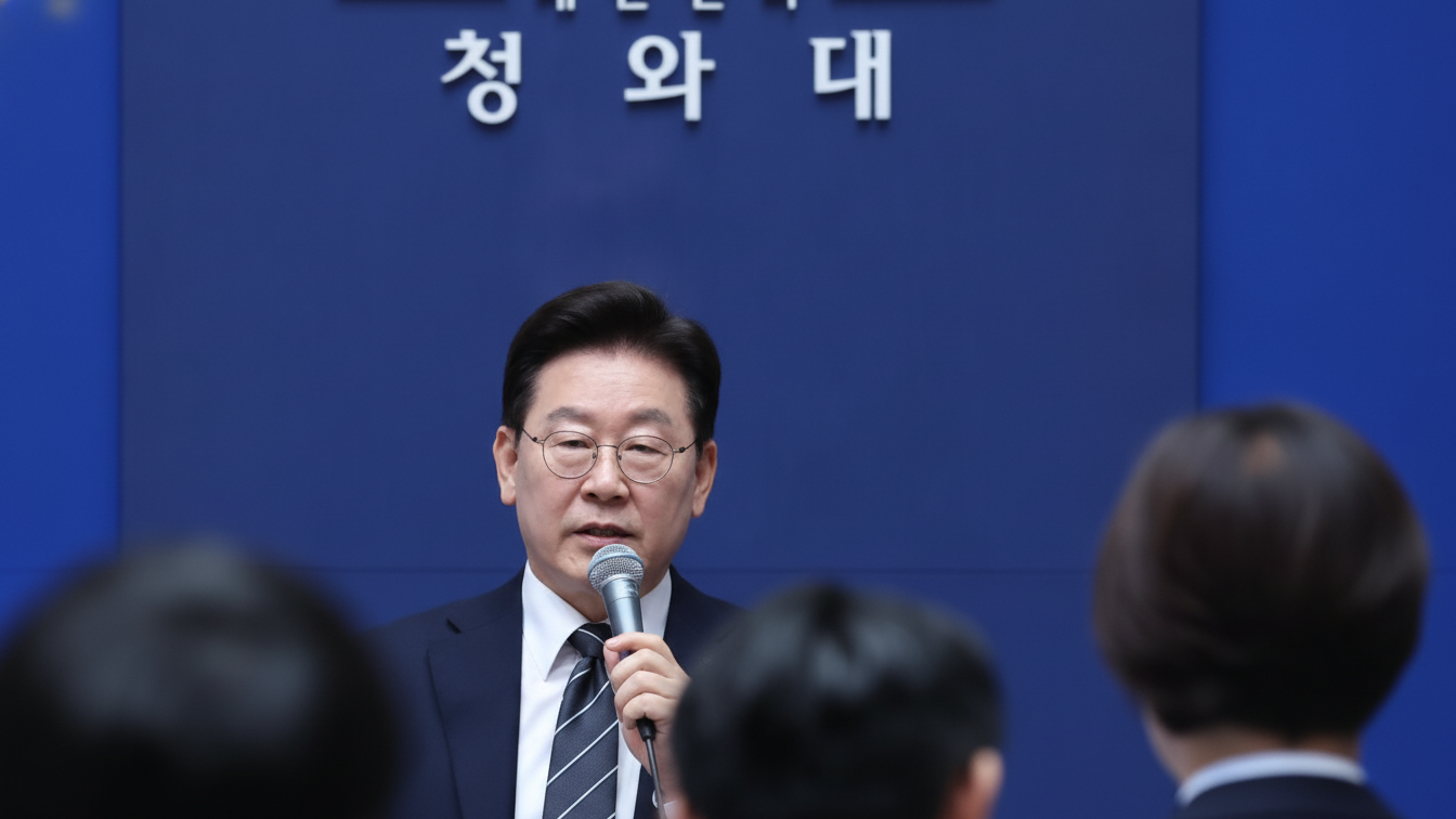 청와대 표식 앞에서 마이크를 들고 발언하는 이재명 대통령