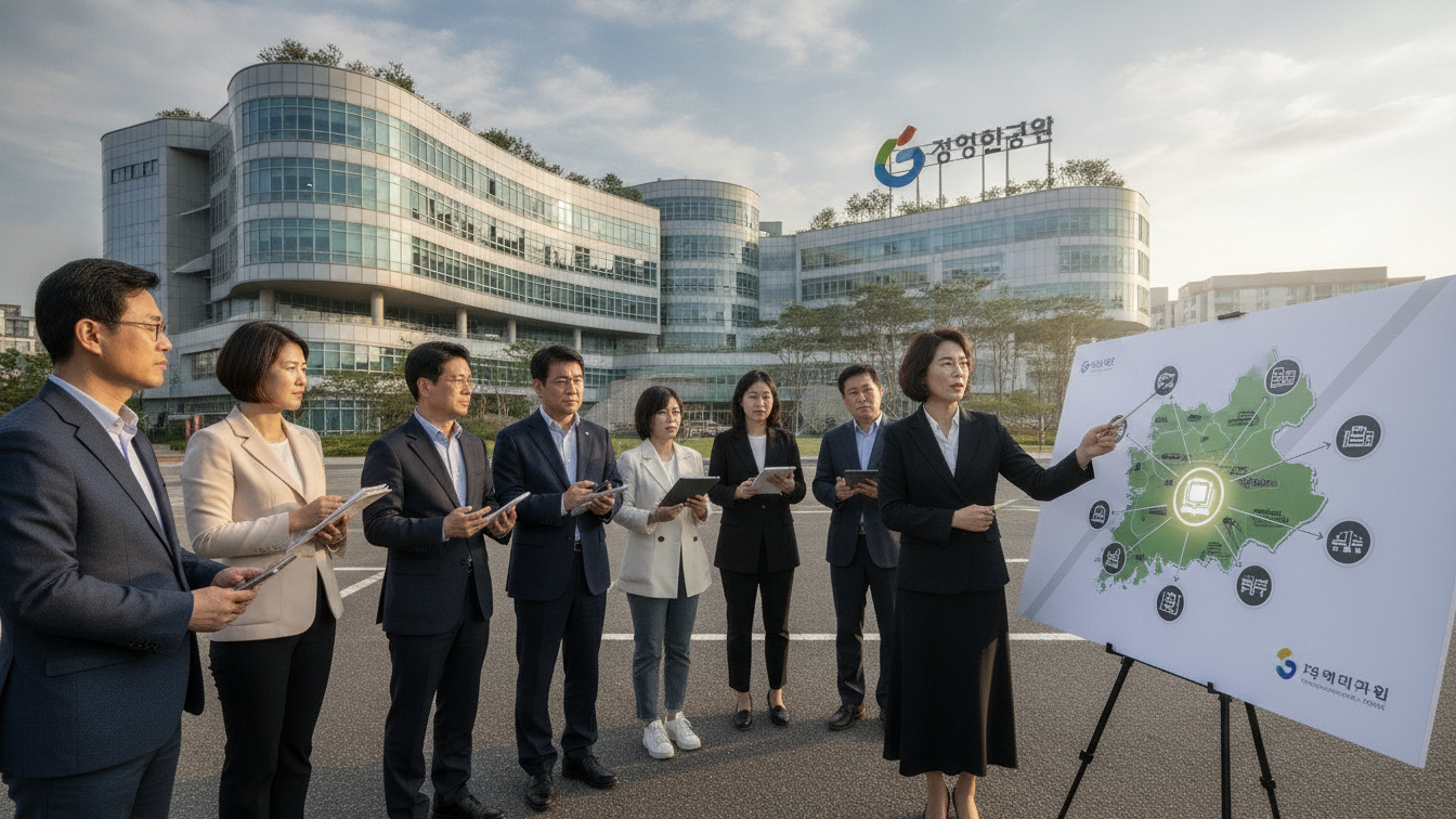 Generated illustrative topic photo of a group outside a building examining a board with a map and education-related symbols.