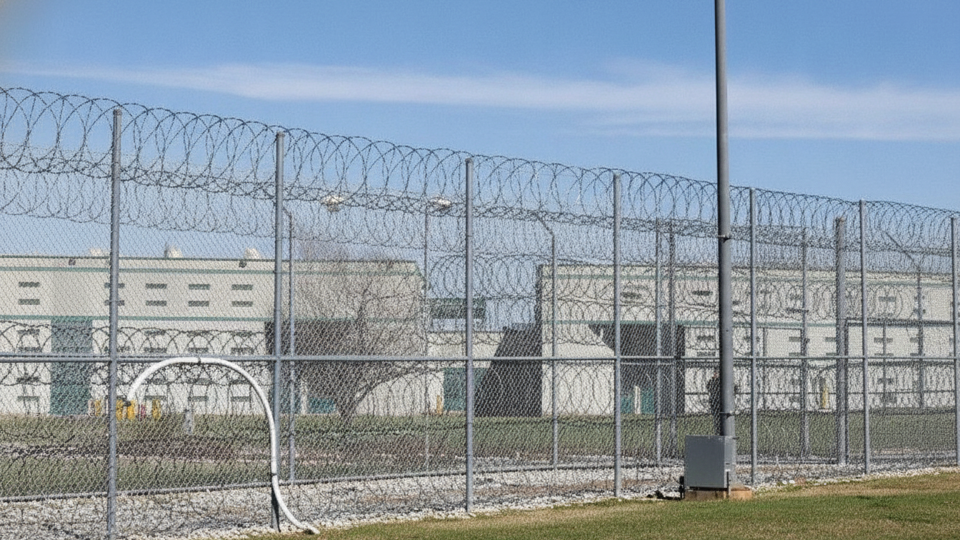 Prison buildings behind razor-wire fencing at the Allan B. Polunsky Unit.