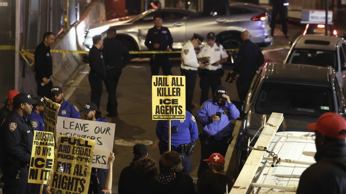 People holding anti-ICE signs near uniformed police.