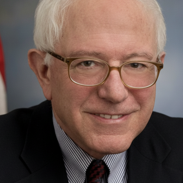 Close-up portrait of Bernie Sanders wearing glasses and a dark suit.