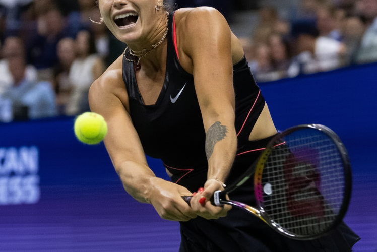 Aryna Sabalenka holding a racket with both hands on a tennis court