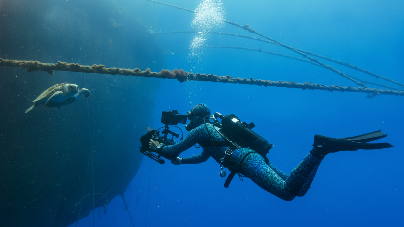 An underwater camera operator films a sea turtle beside a submerged structure.