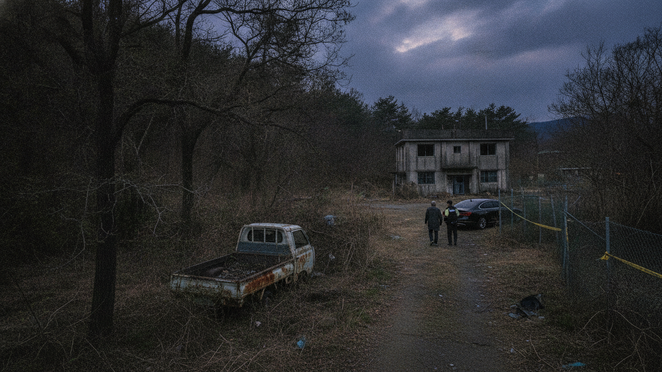 Photorealistic illustrative image of two people standing on a path in front of a weathered building, evoking an investigation.