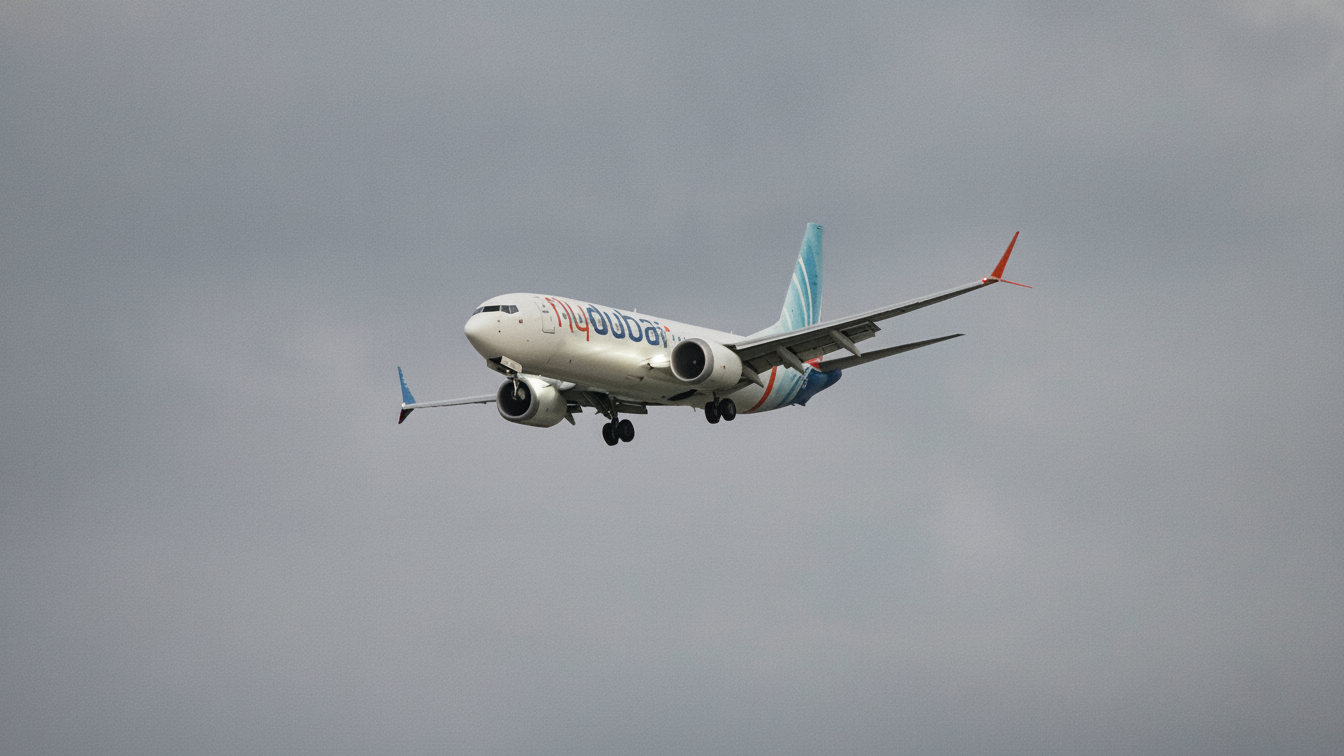 A FlyDubai passenger aircraft flies with its landing gear lowered.