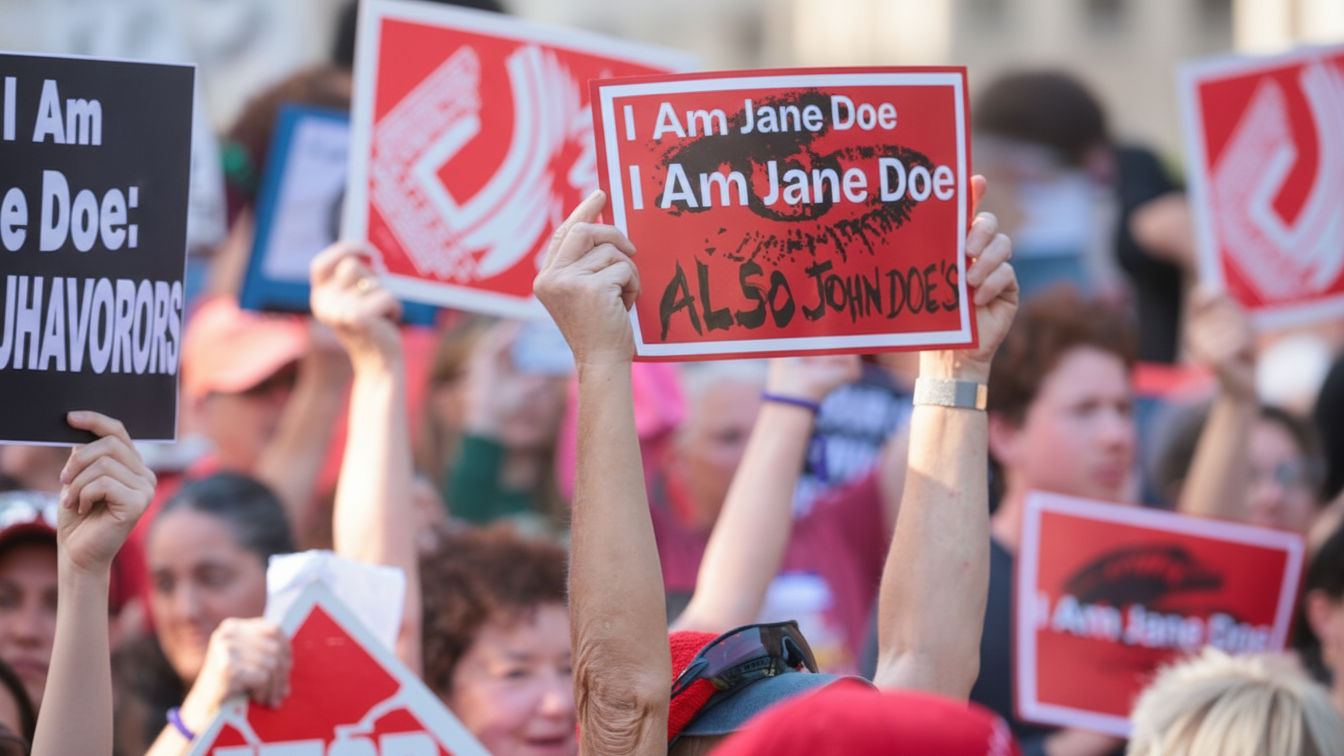 한 사람이 군중 위로 “I Am Jane Doe”라고 적힌 팻말을 들어 올리고 있다.