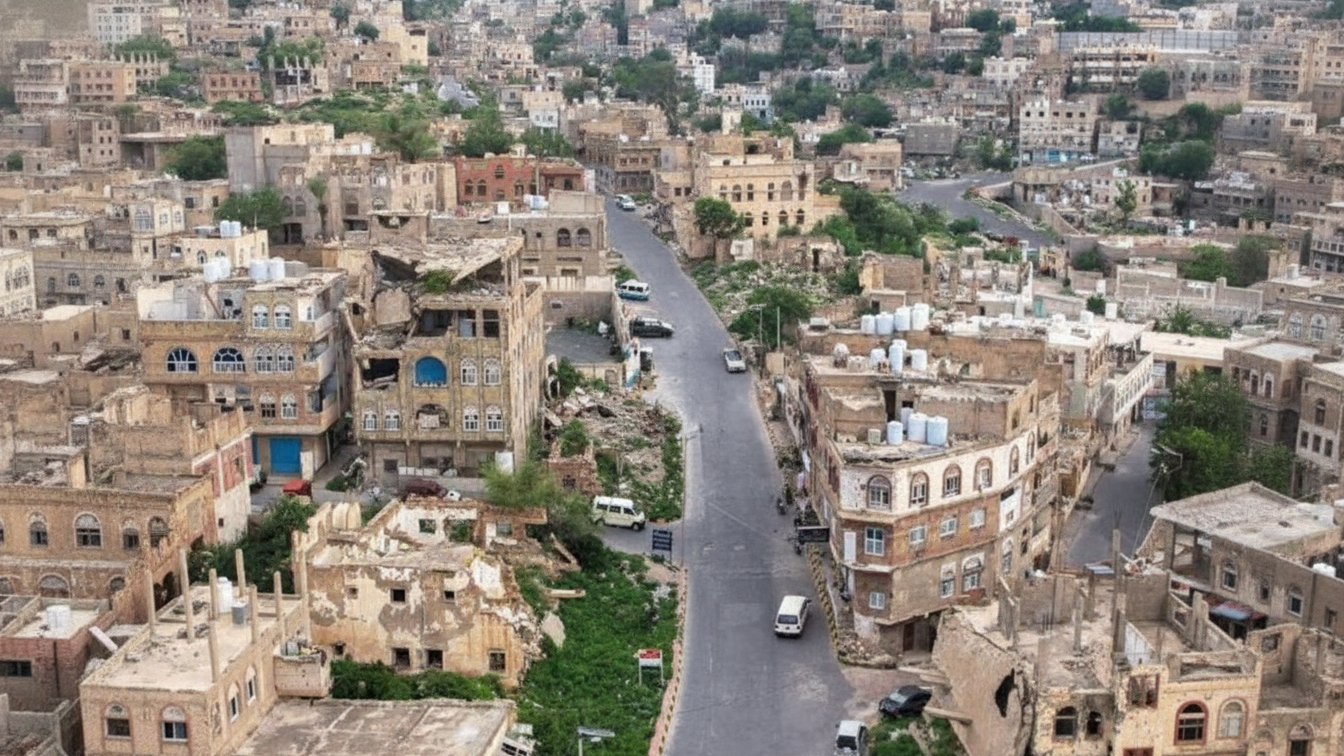 A road winds between buildings beneath a densely built hillside.