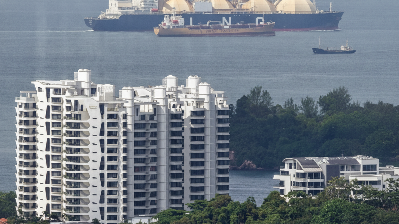 An LNG carrier passes offshore beyond waterfront buildings in Singapore.